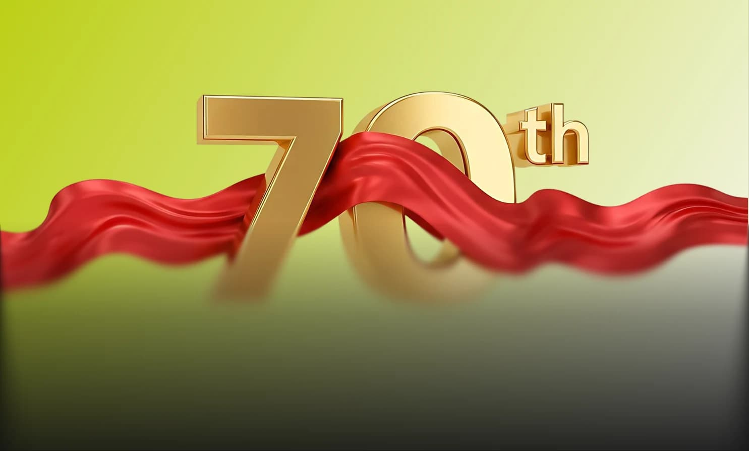 Golden 70th anniversary emblem on a flowing red ribbon