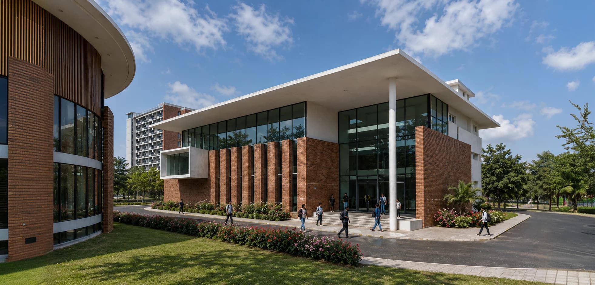 Students walking past the XLRI Amaravati academic block
